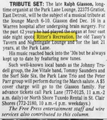 Ritter Recreation - Jan 1983 Ralph Giasson Tribute